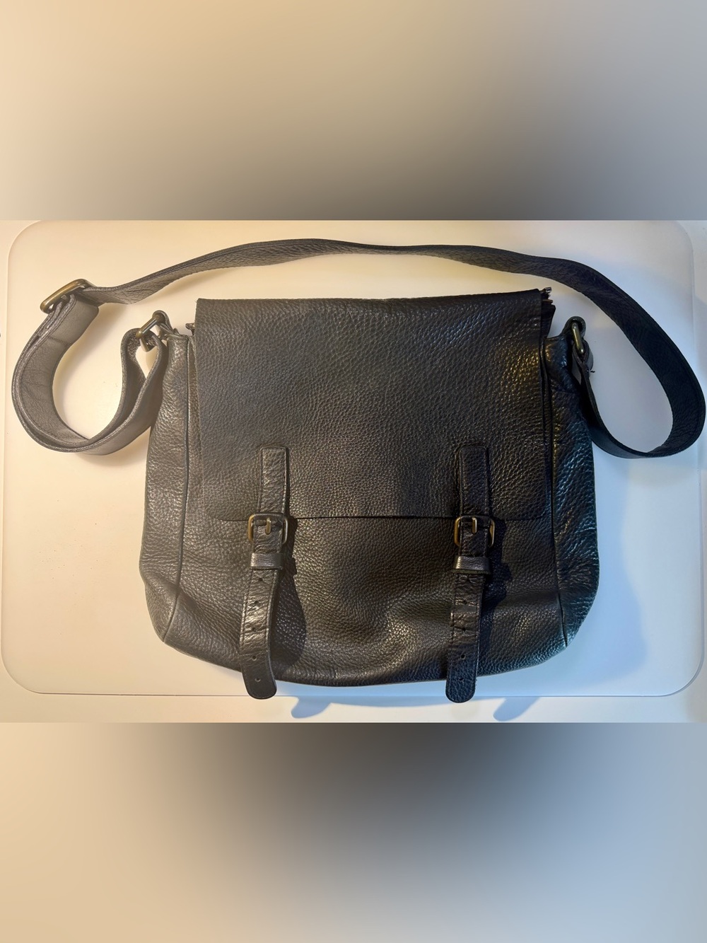 Roots Black Pebbled Leather Crossbody Messenger Bag